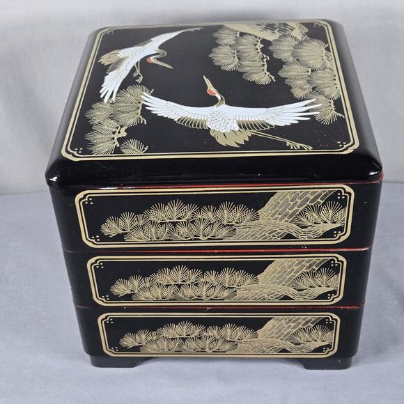 Japanese Lacquer Style Jubako Box Set Square 3 Tier Cranes Pine Black Red - Picture 3 of 7